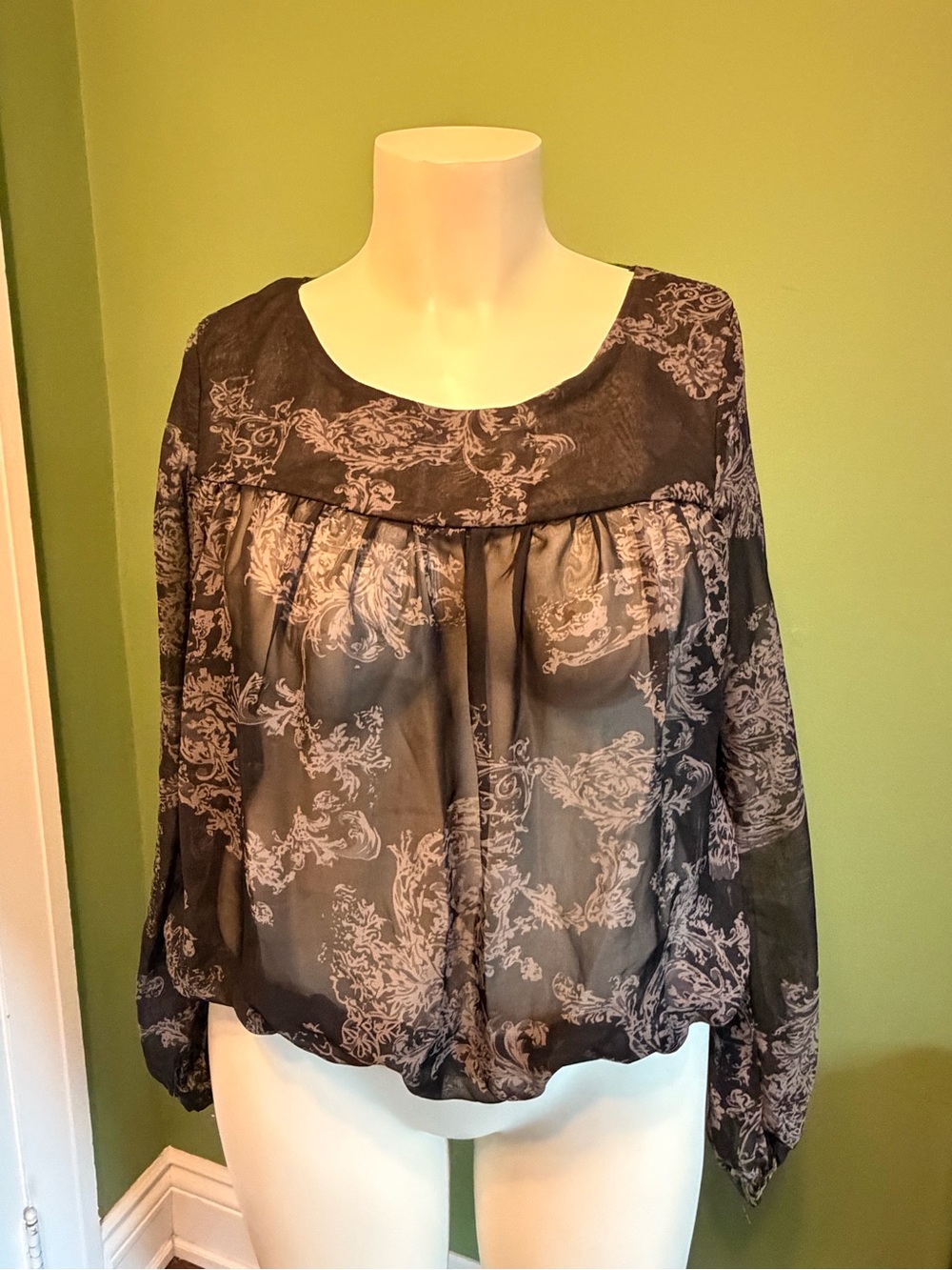 Sheer Black Printed Long-Sleeve Women's Top